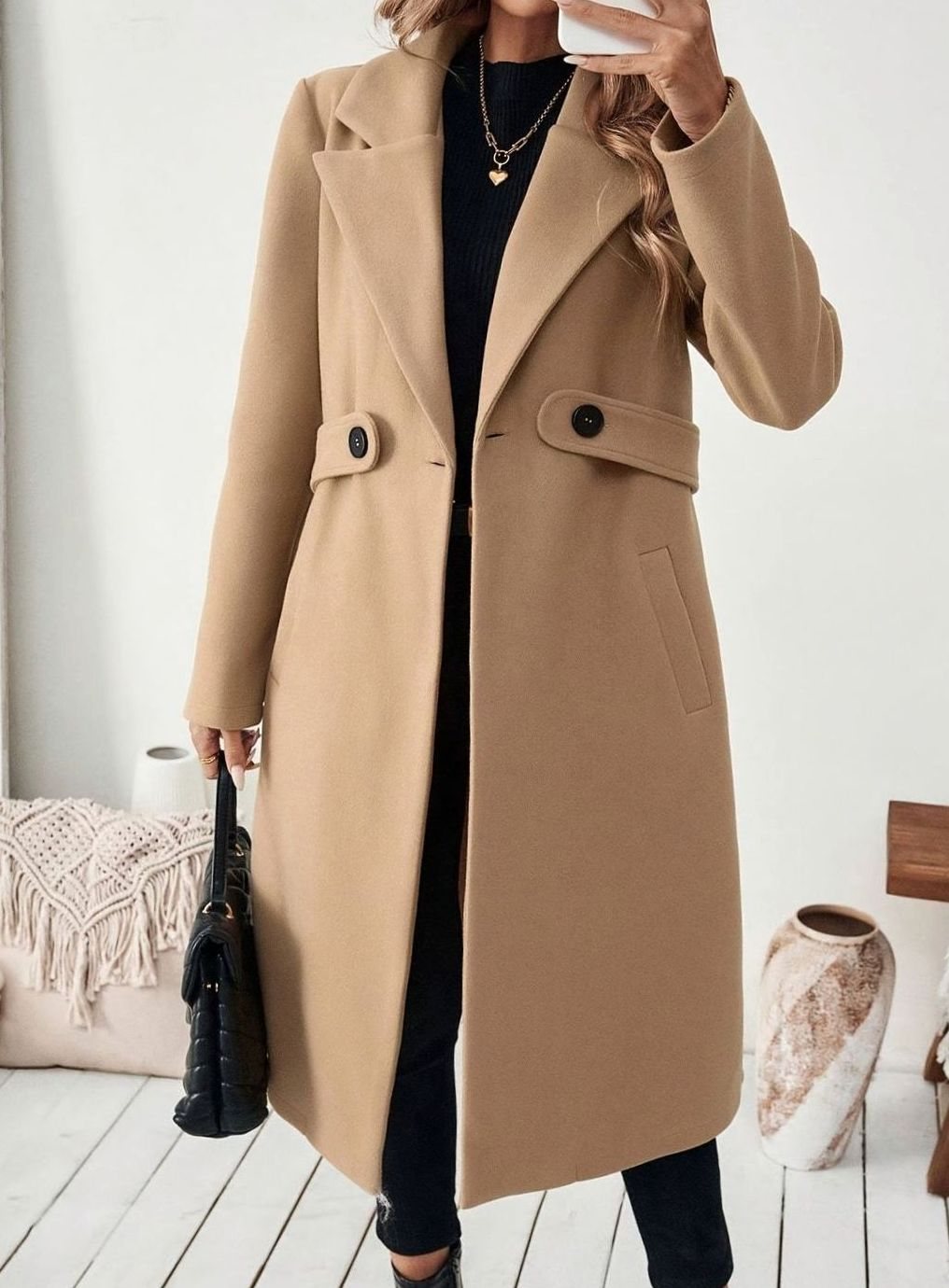 Trenchcoat Dames Lange Winterjas Notch-Revers Zijzakken