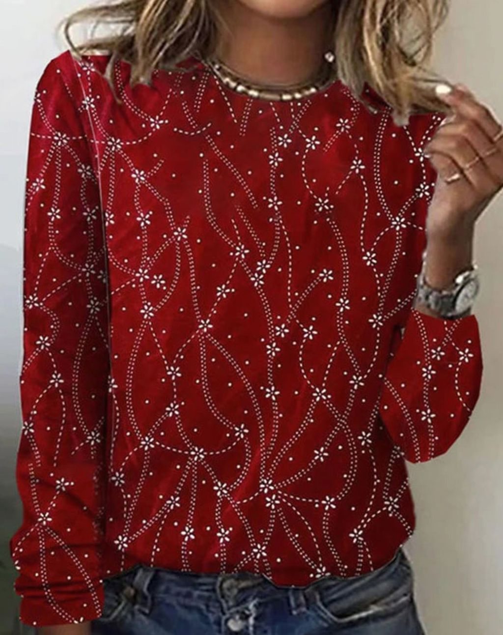 Trui Dames Lange Mouwen Ronde Hals All-Over Print Top - Rood