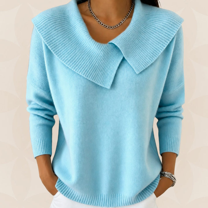 Trui Dames met Sierlijke Plooikraag Gebreide Pullover - Lichtblauw