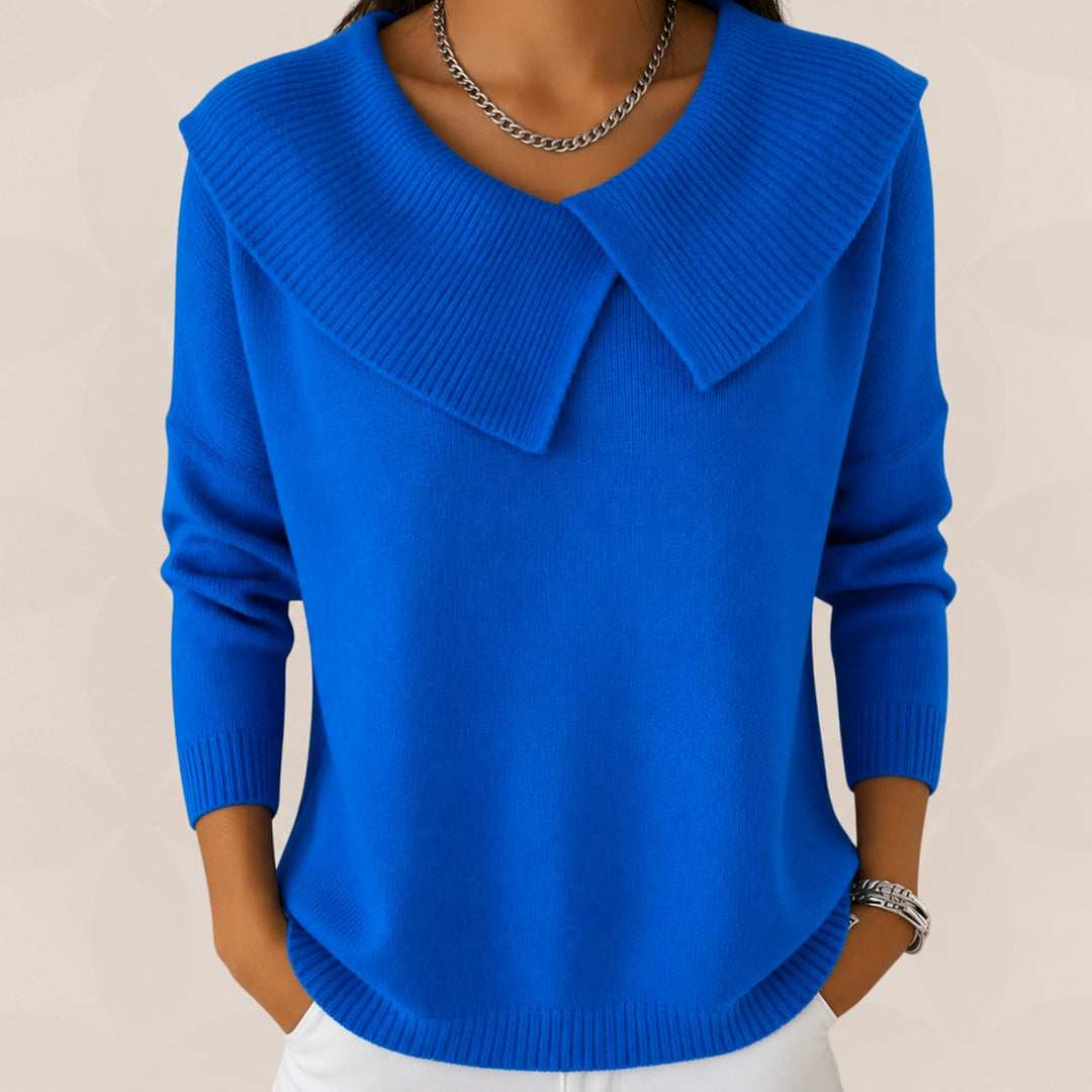 Trui Dames met Sierlijke Plooikraag Gebreide Pullover - Donkerblauw