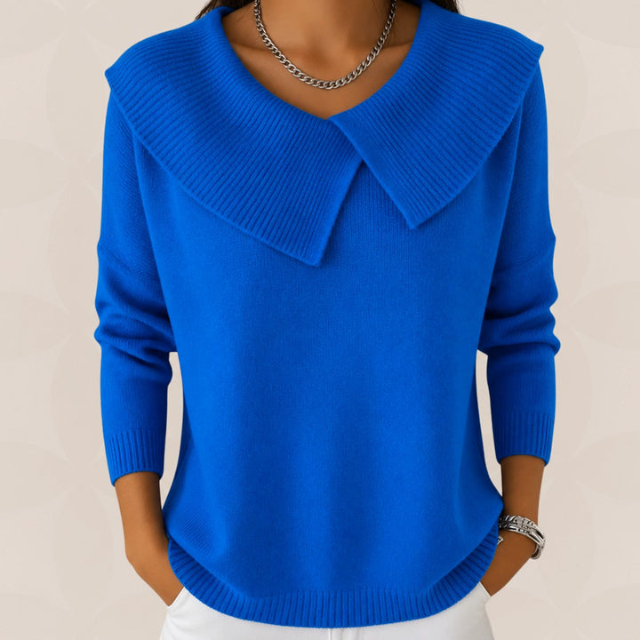 Trui Dames met Sierlijke Plooikraag Gebreide Pullover - Donkerblauw