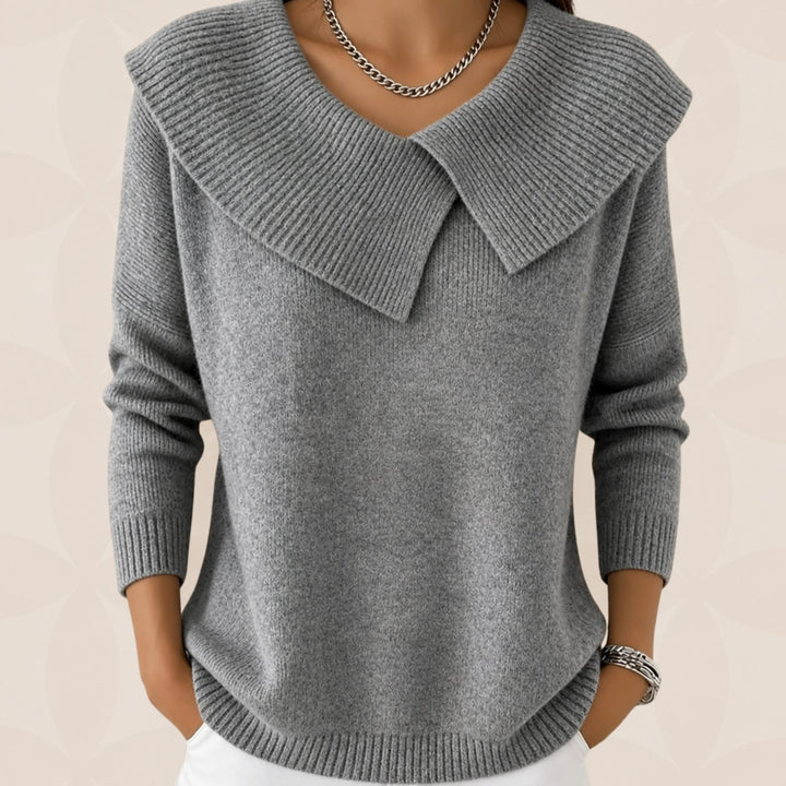 Trui Dames met Sierlijke Plooikraag Gebreide Pullover - Grijs
