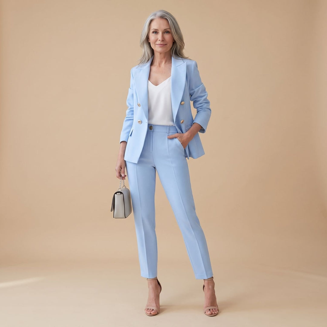 Tweedelige Set Dames Blazer Broekpak Dubbele Rij Knopen - Lichtblauw