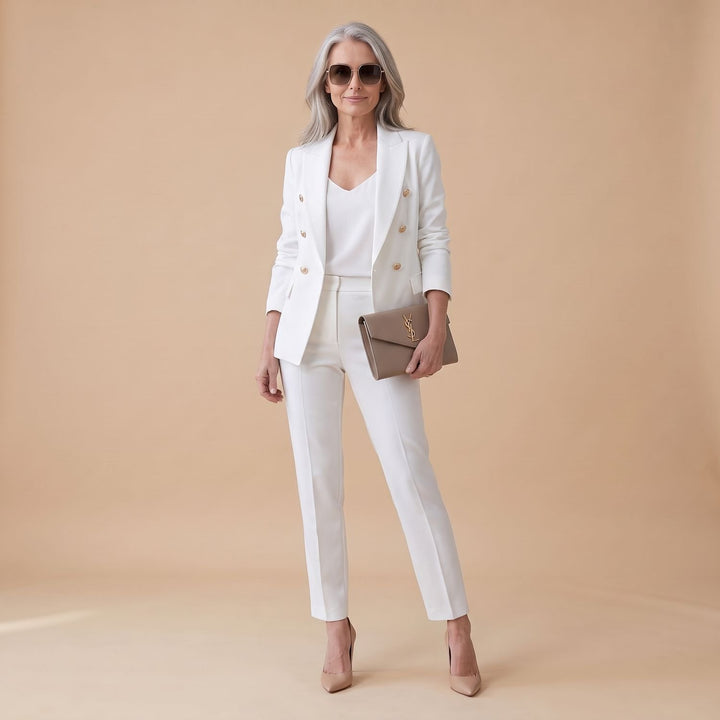Tweedelige Set Dames Blazer Broekpak Dubbele Rij Knopen - Wit