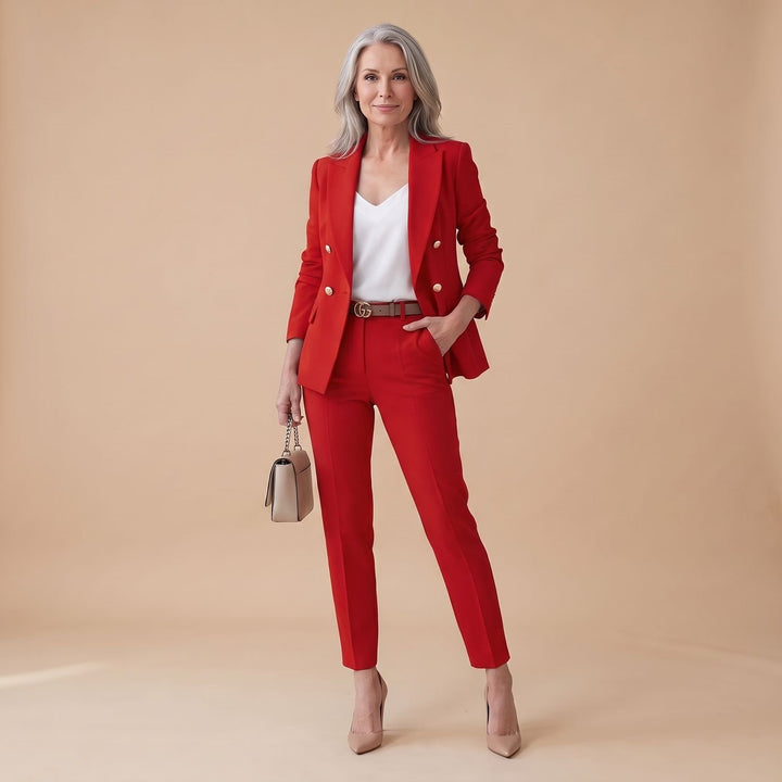 Tweedelige Set Dames Blazer Broekpak Dubbele Rij Knopen - Rood