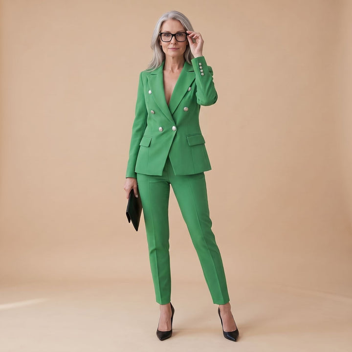Tweedelige Set Dames Blazer Broekpak Dubbele Rij Knopen - Groen