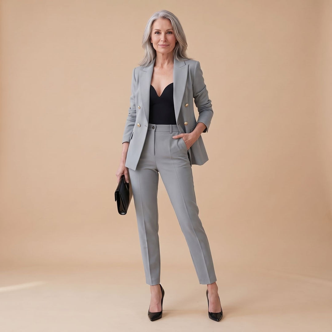 Tweedelige Set Dames Blazer Broekpak Dubbele Rij Knopen - Grijs