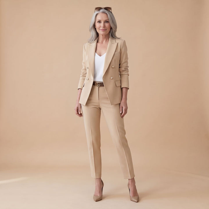 Tweedelige Set Dames Blazer Broekpak Dubbele Rij Knopen - Beige