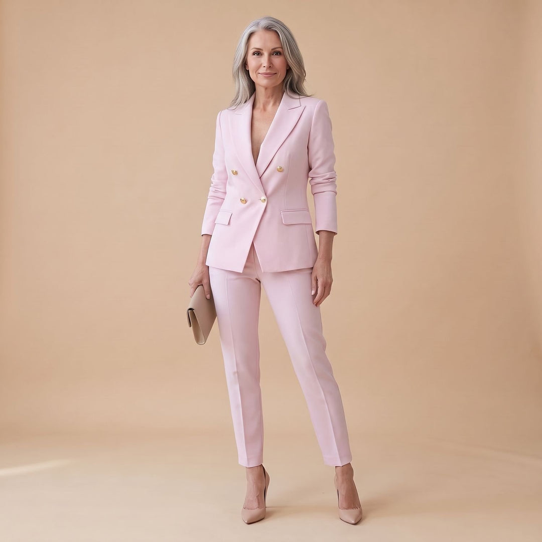Tweedelige Set Dames Blazer Broekpak Dubbele Rij Knopen - Roze