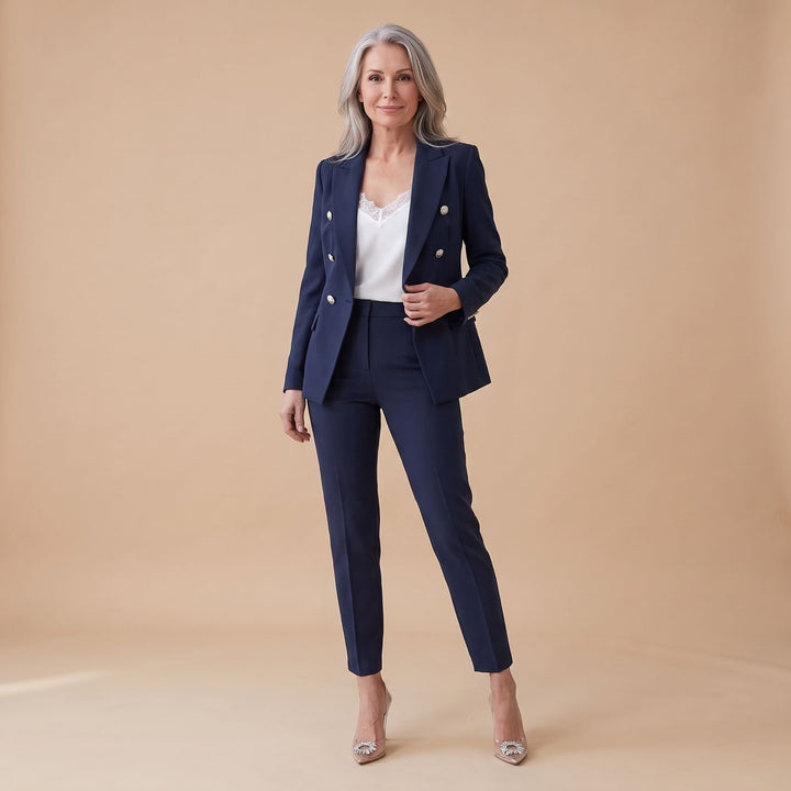 Tweedelige Set Dames Blazer Broekpak Dubbele Rij Knopen - Marineblauw