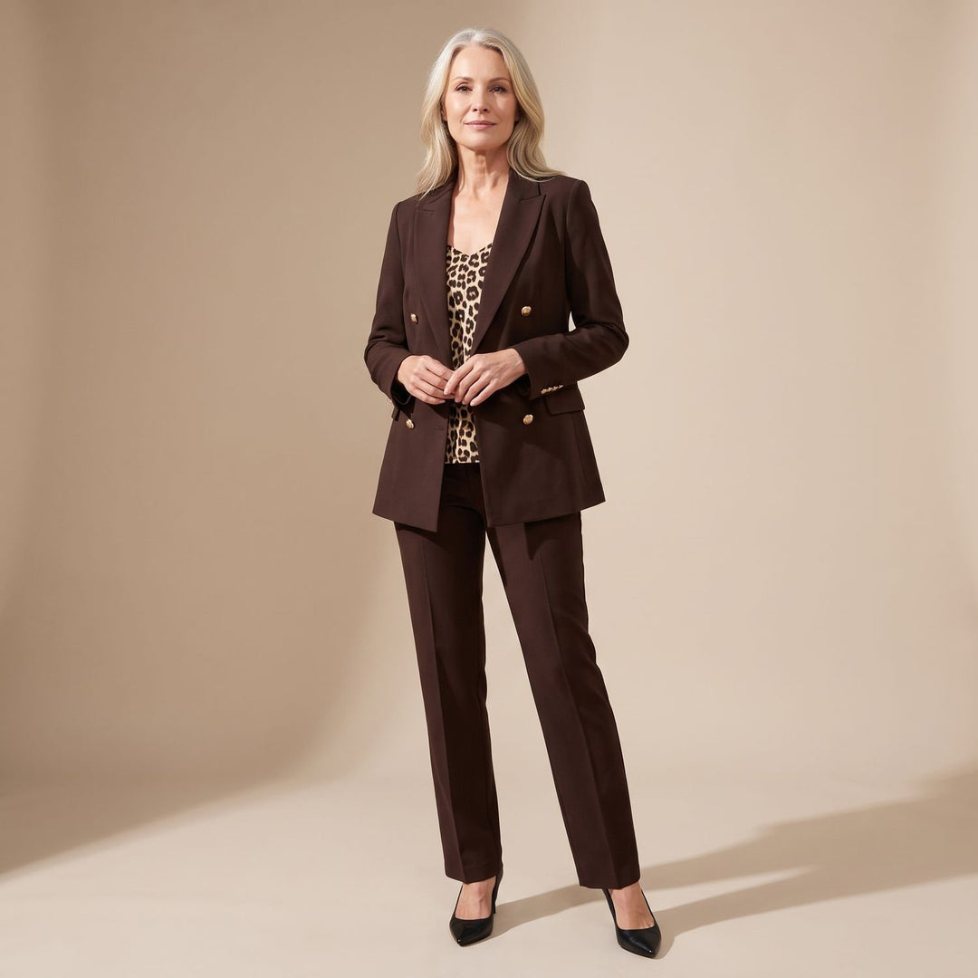 Tweedelige Set Dames Blazer Broekpak Dubbele Rij Knopen - Bruin