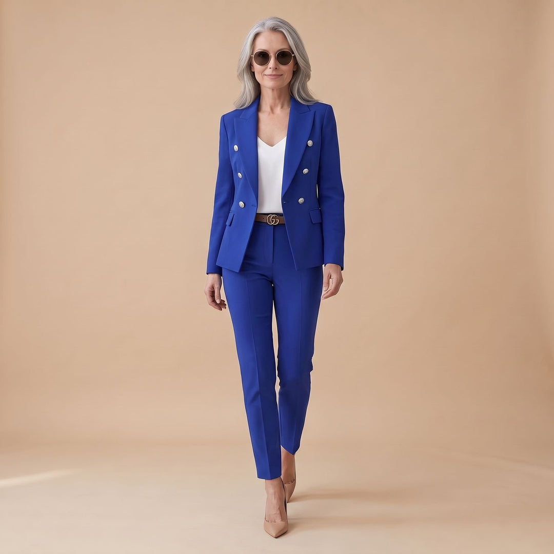 Tweedelige Set Dames Blazer Broekpak Dubbele Rij Knopen - Blauw