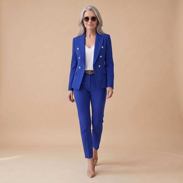 Tweedelige Set Dames Blazer Broekpak Dubbele Rij Knopen - Blauw