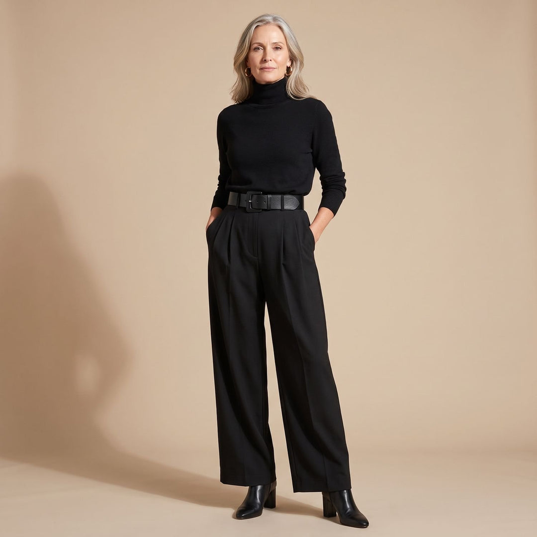 Tweedelige Set Dames Zwarte Coltrui Top en Wijdvallende Broek met Riem - Zwart