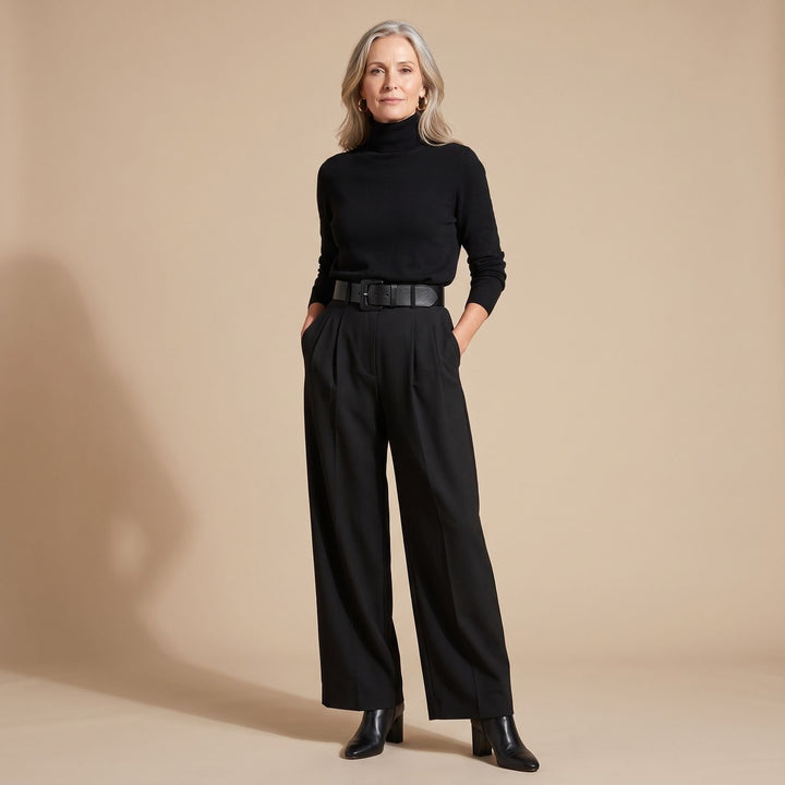 Tweedelige Set Dames Zwarte Coltrui Top en Wijdvallende Broek met Riem - Zwart