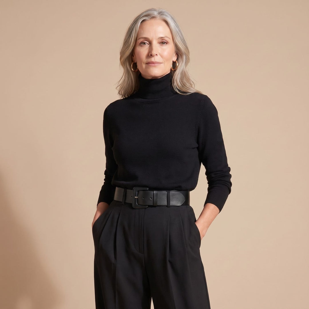 Tweedelige Set Dames Zwarte Coltrui Top en Wijdvallende Broek met Riem