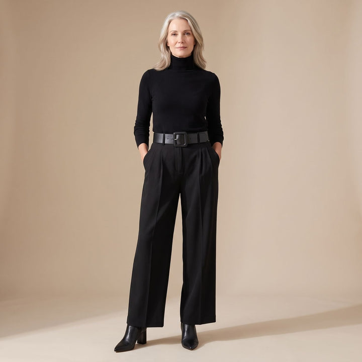 Tweedelige Set Dames Zwarte Coltrui Top en Wijdvallende Broek met Riem