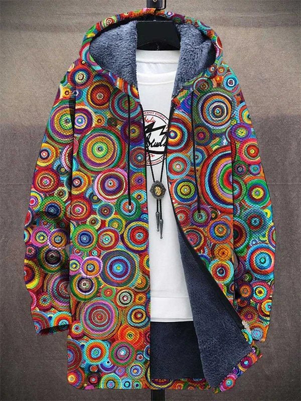 Unisex Fleece-Gevoerde Psychedelische Circleprint Rits Hoodie Jas - Multicolor