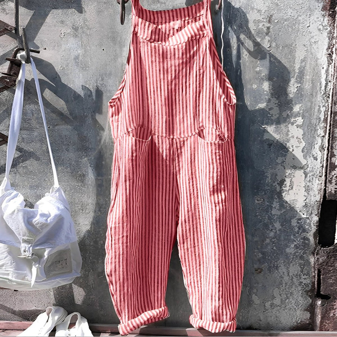 Unisex Gestreepte Vintage Relaxed-Fit Tuinbroek Overall - Rood