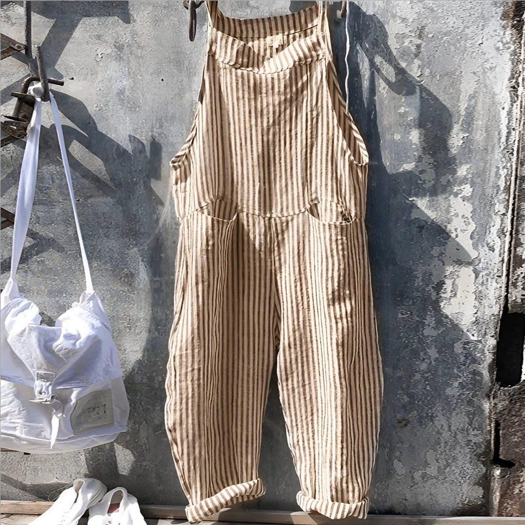 Unisex Gestreepte Vintage Relaxed-Fit Tuinbroek Overall - Lichtbruin