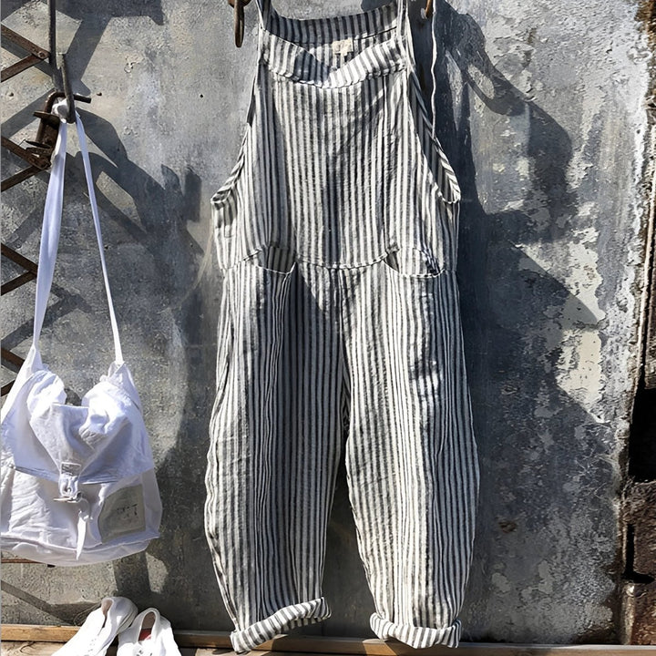 Unisex Gestreepte Vintage Relaxed-Fit Tuinbroek Overall - Grijs