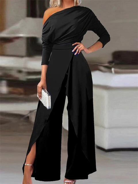 Sanne | Dames Off-Shoulder Wijdbeens Jumpsuit met Lange Mouw