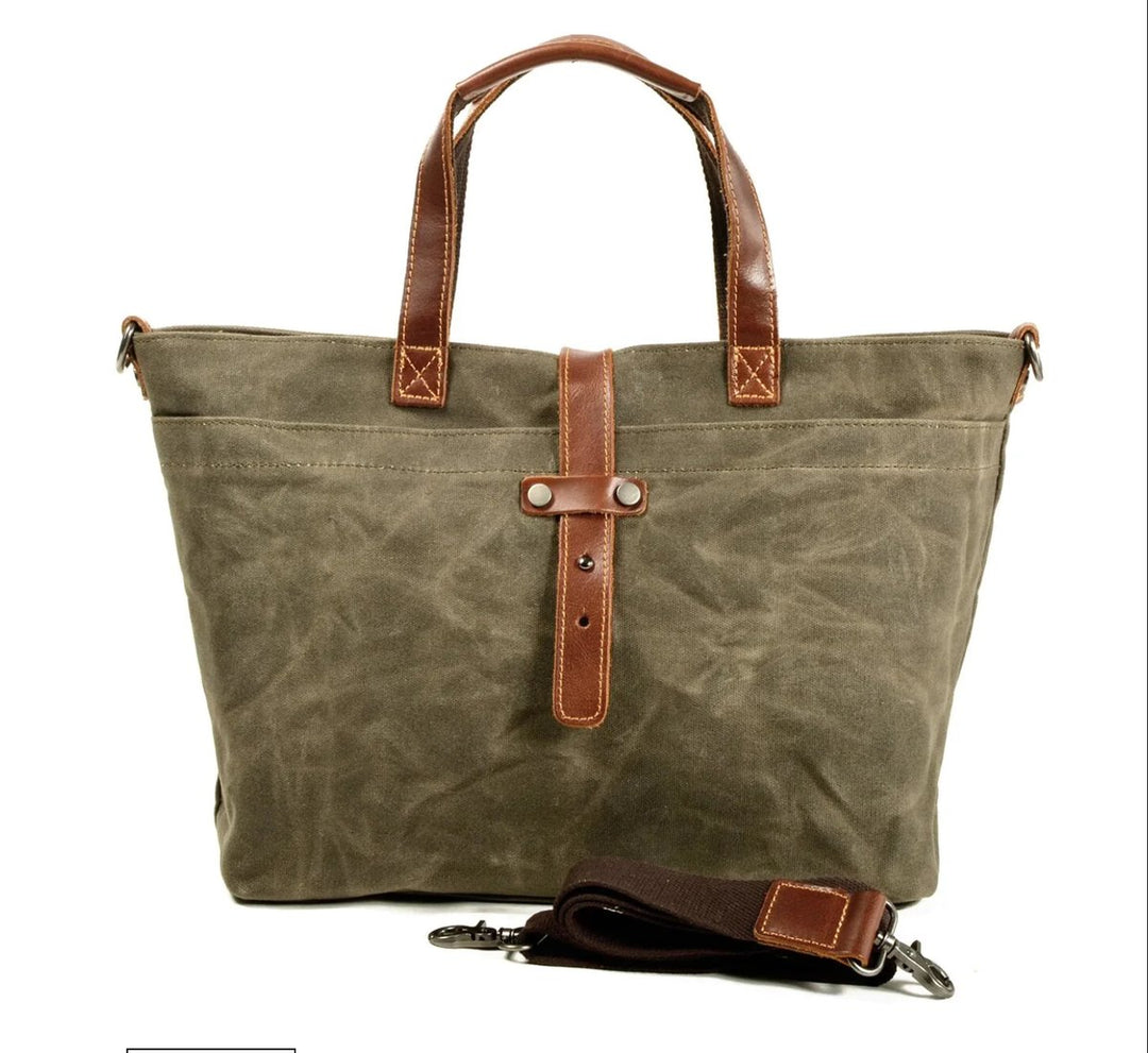 Waterdichte Gewaxed Canvas Tote Bag Leren Handvatten - Salbeiholz