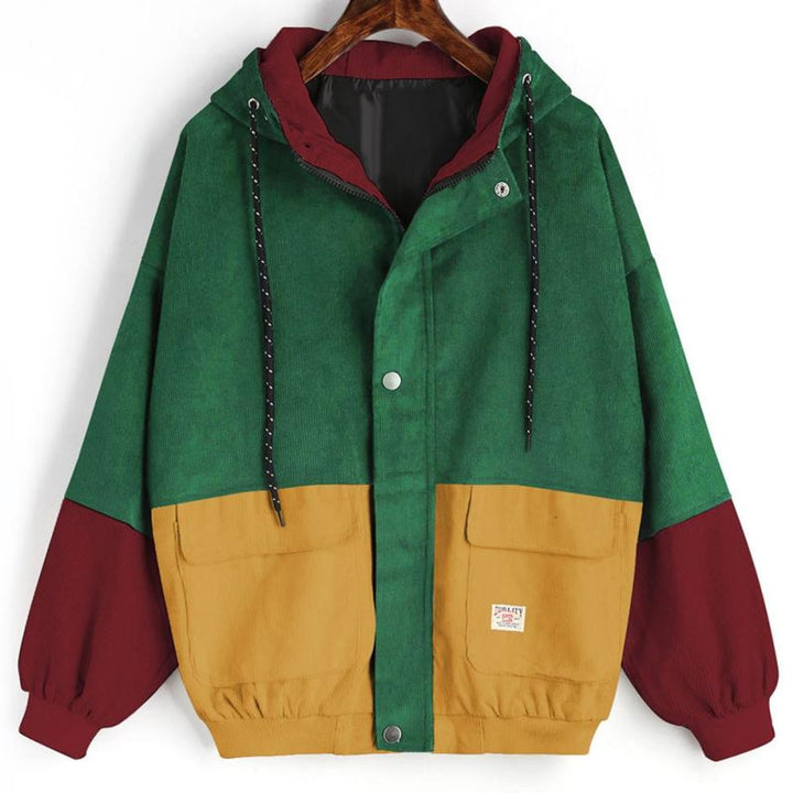 Winterjas Dames Colorblock Corduroy Hoodie Elastische Zoom - Groen
