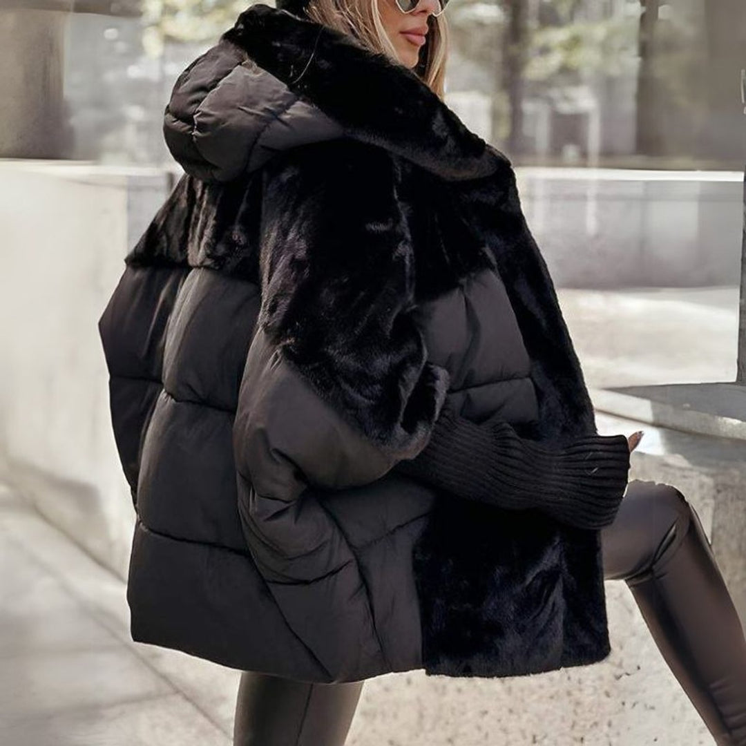 Winterjas Dames Gewatteerde Hoodie Puffer Faux-Fur - Zwart