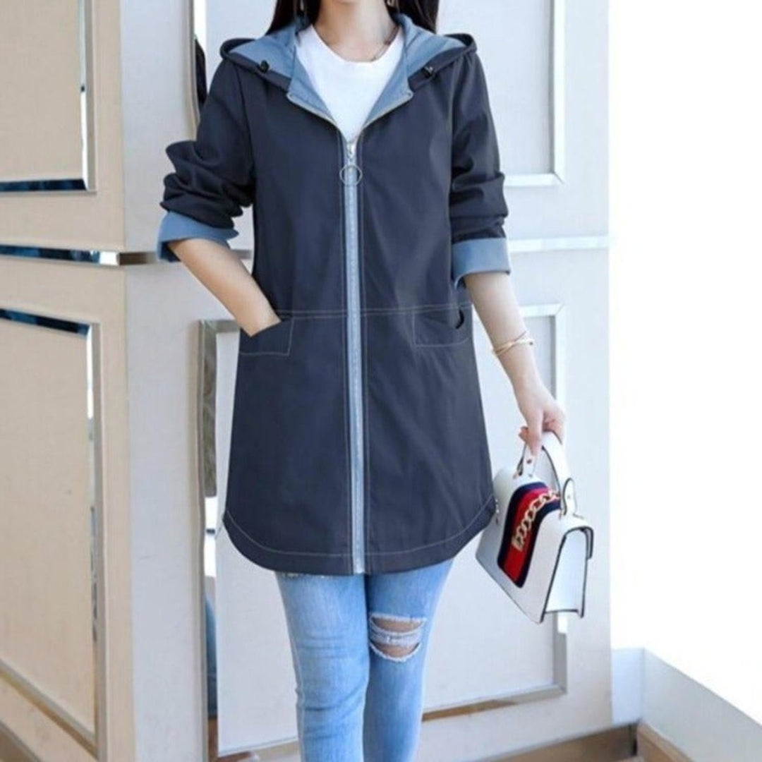 Winterjas Dames Hooded Parka Ritsluiting Contrastvoering - Blauw