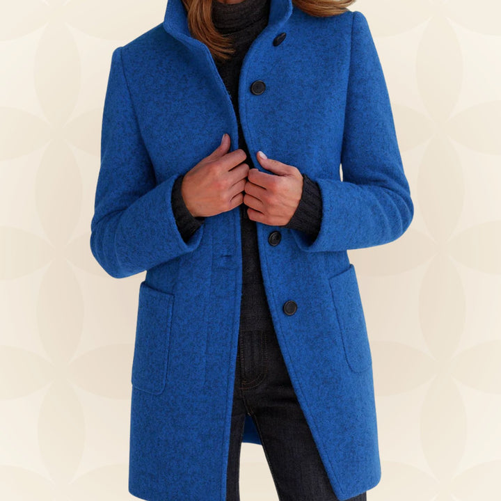 Winterjas Dames Rechte Snit Hoge Kraag Knoopsluiting - Blauw