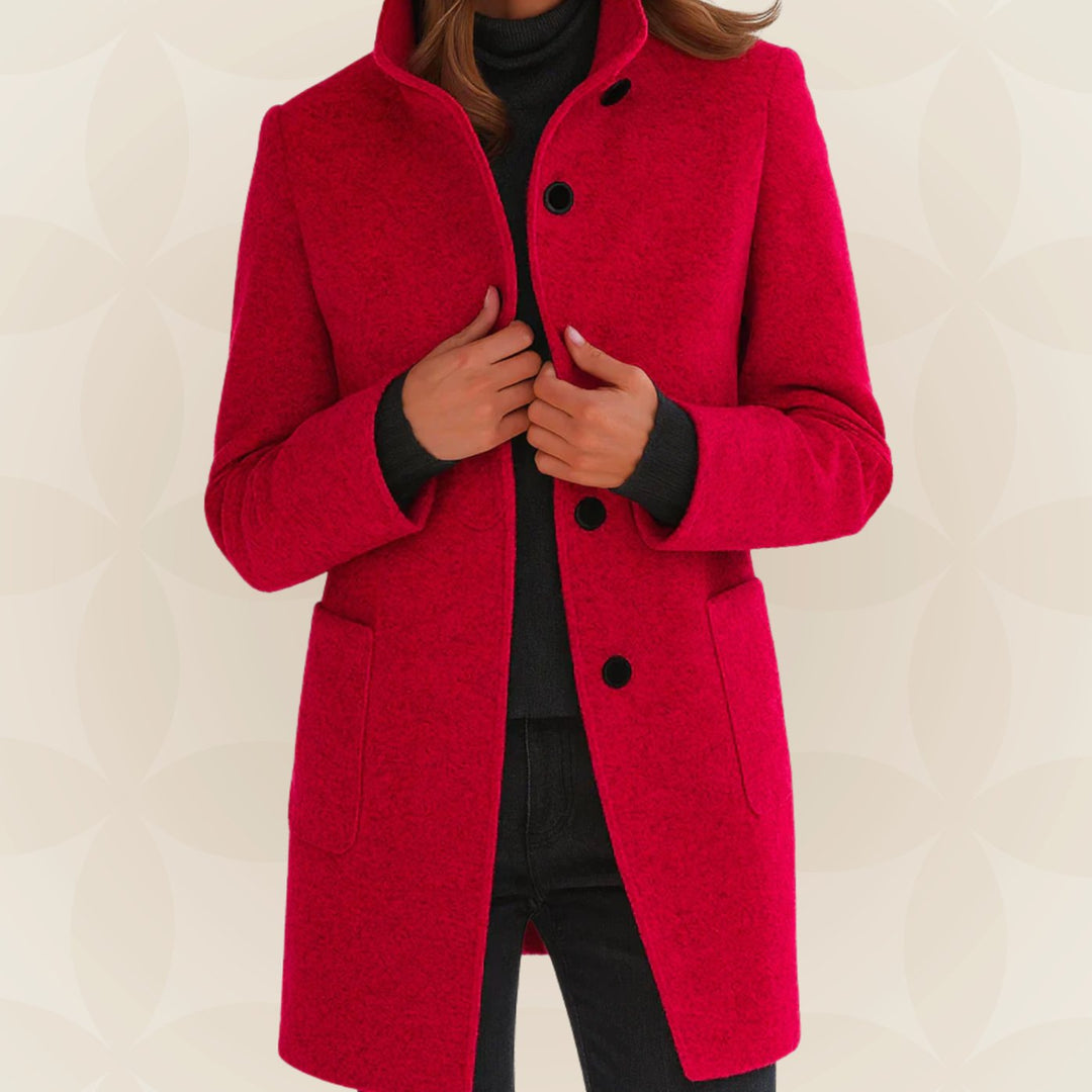 Winterjas Dames Rechte Snit Hoge Kraag Knoopsluiting - Rood