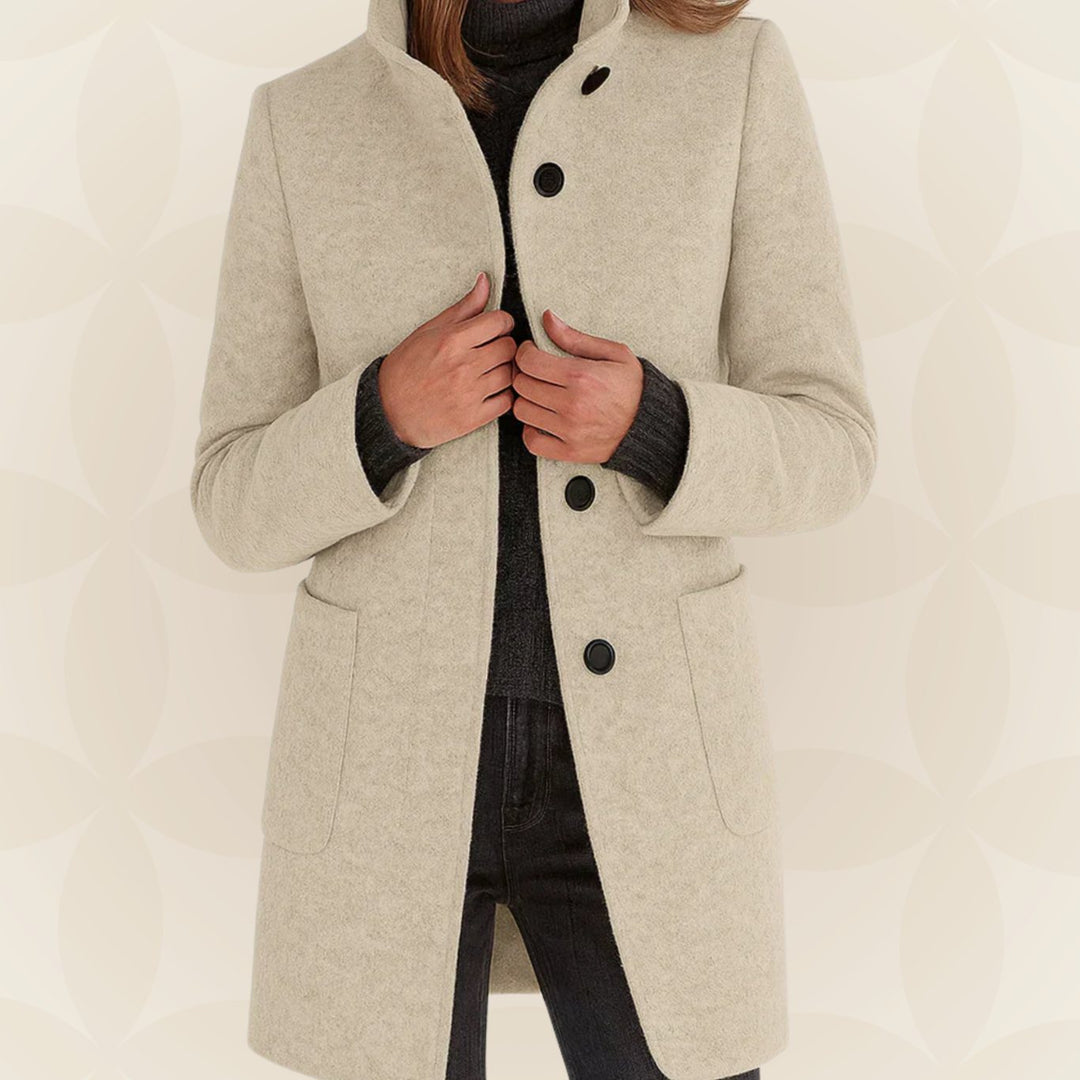 Winterjas Dames Rechte Snit Hoge Kraag Knoopsluiting - Beige