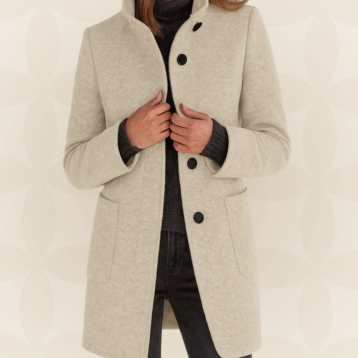 Winterjas Dames Rechte Snit Hoge Kraag Knoopsluiting - Beige