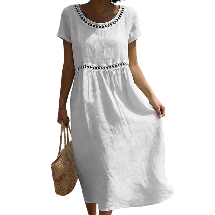 Witte A-lijn midi jurk dames linnen look kanten details - Wit