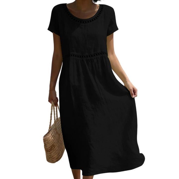 Witte A-lijn midi jurk dames linnen look kanten details - Zwart