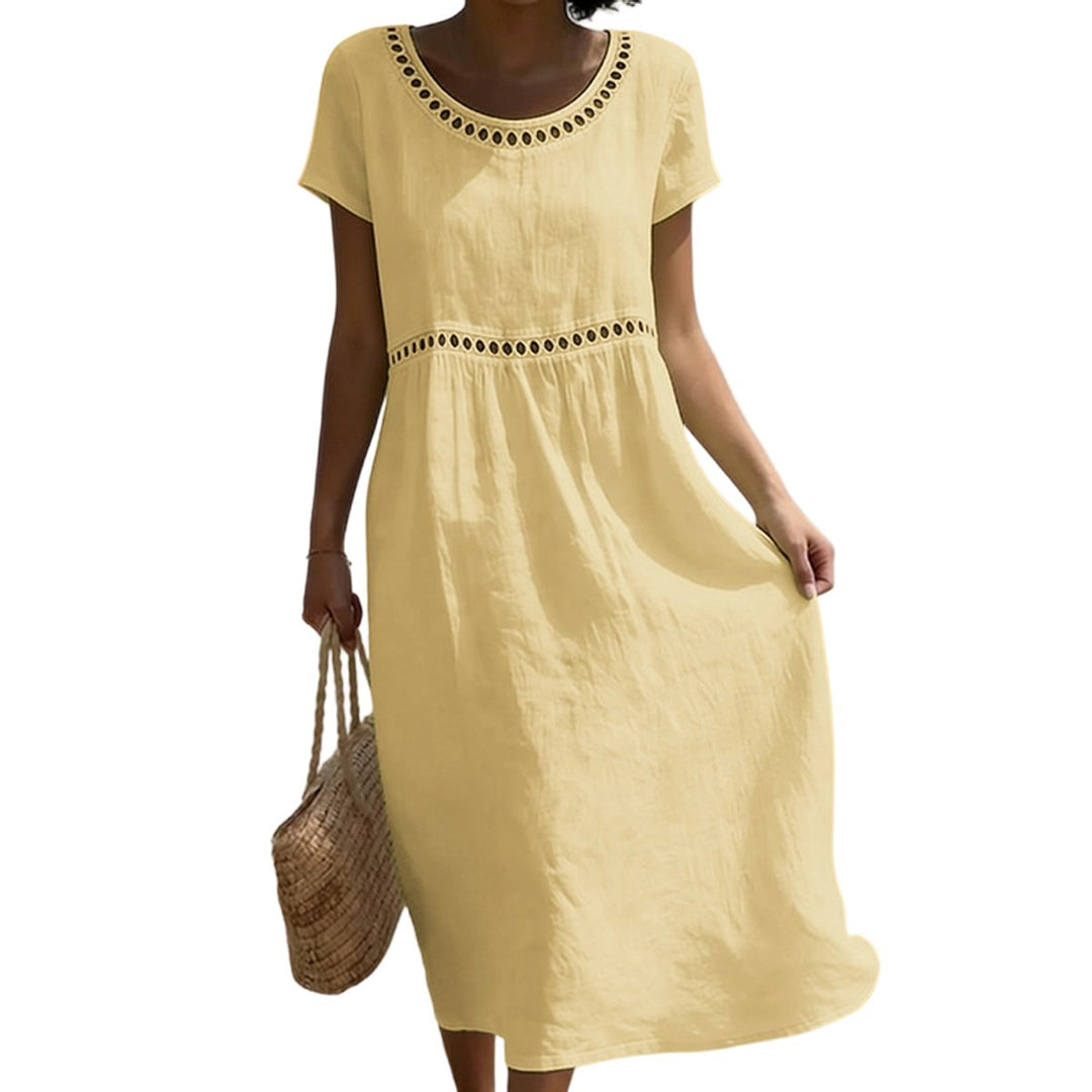 Witte A-lijn midi jurk dames linnen look kanten details - Geel