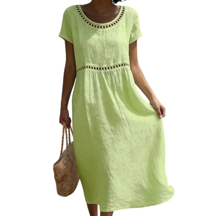 Witte A-lijn midi jurk dames linnen look kanten details - Groen