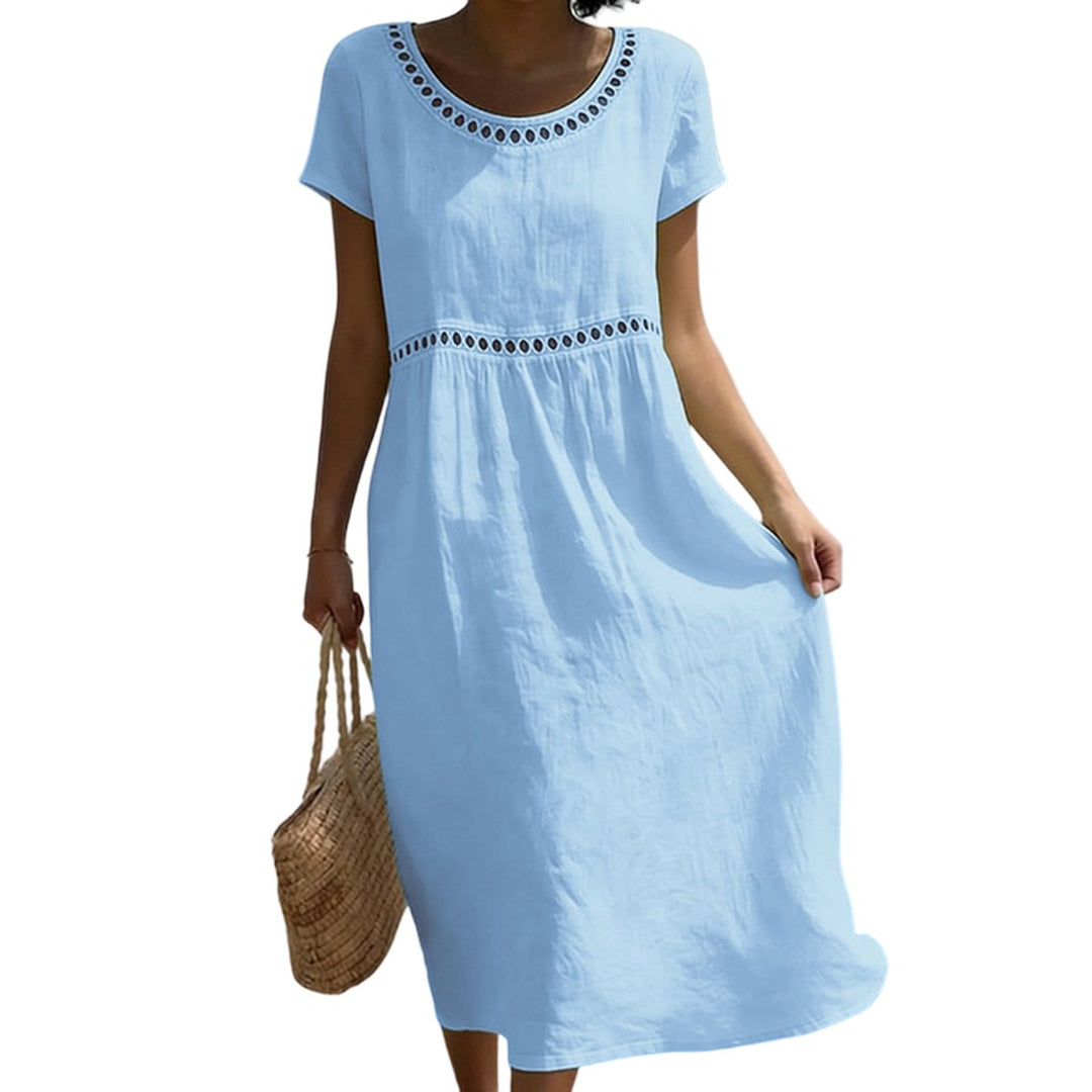 Witte A-lijn midi jurk dames linnen look kanten details - Blauw