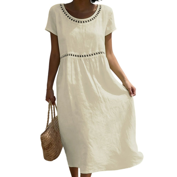 Witte A-lijn midi jurk dames linnen look kanten details - Beige