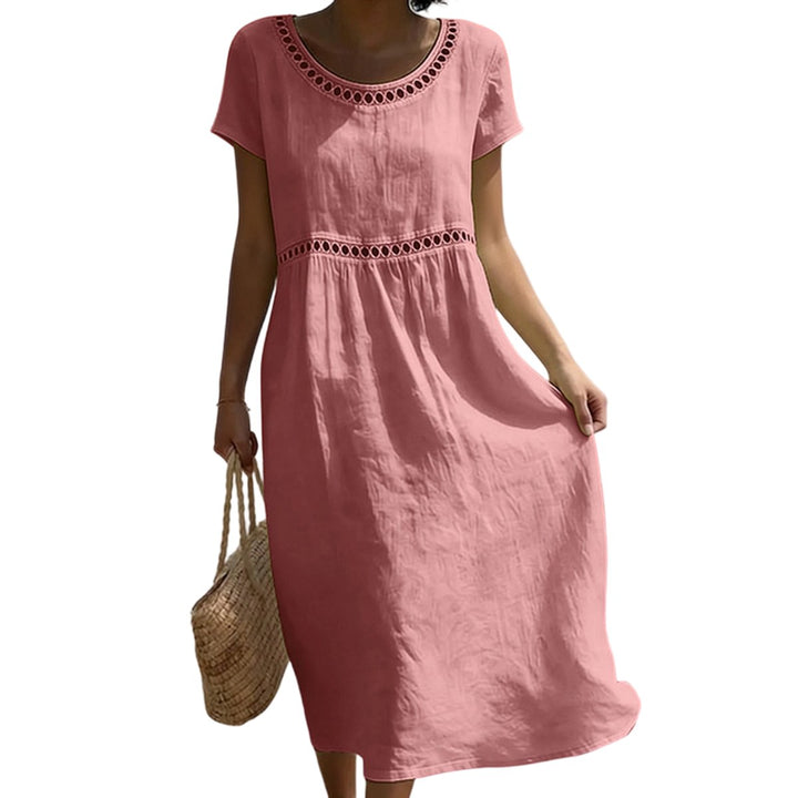 Witte A-lijn midi jurk dames linnen look kanten details - Roze