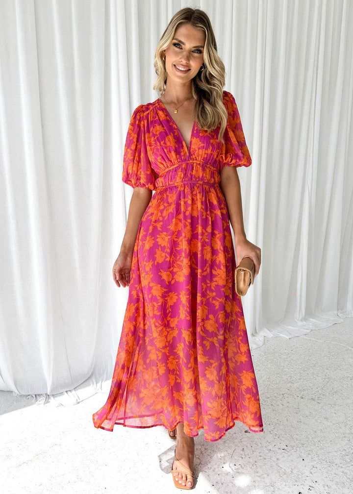 Laila | Dames Bloemenprint V-Hals Maxi Bruiloftsgast Jurk