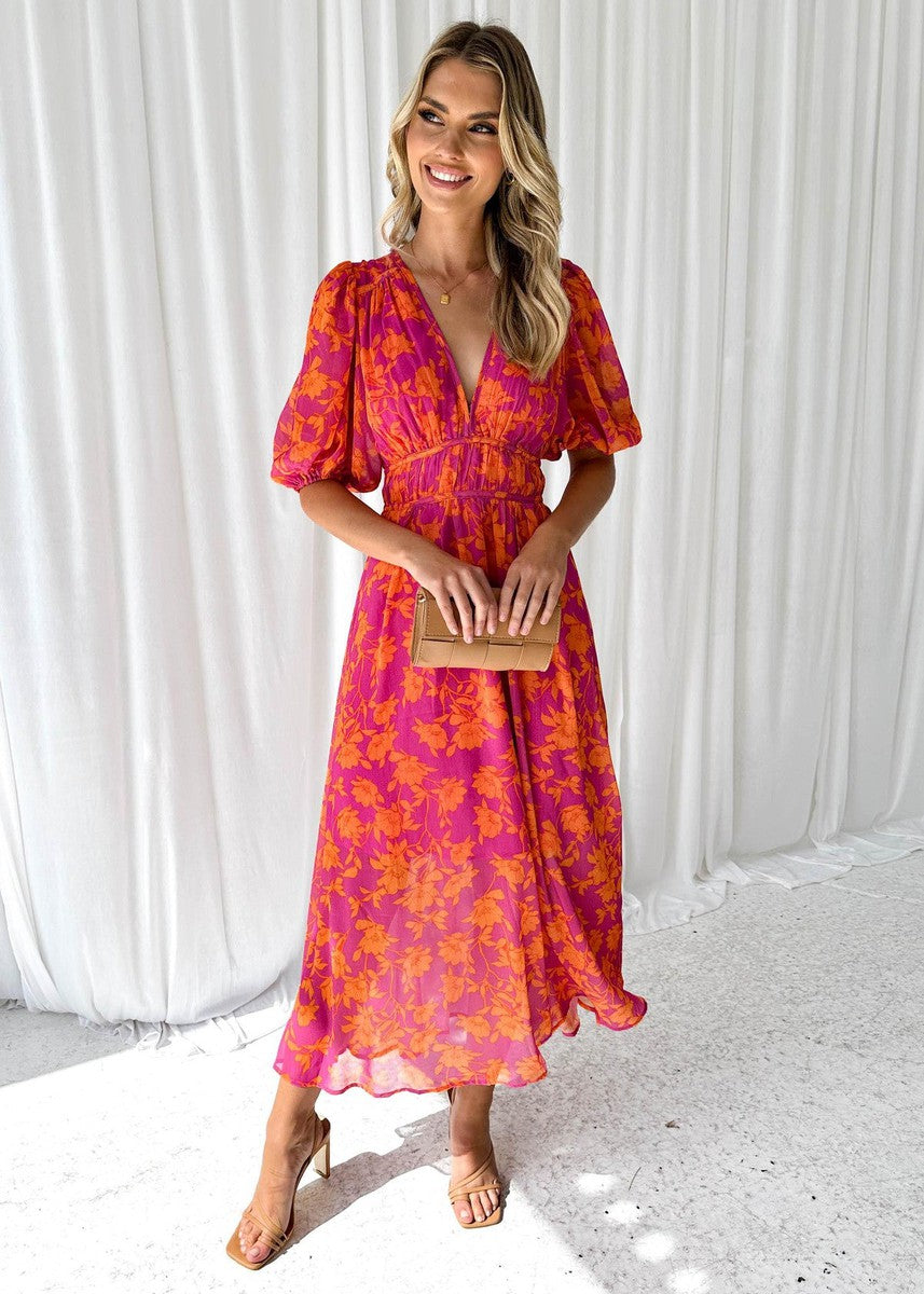 Laila | Dames Bloemenprint V-Hals Maxi Bruiloftsgast Jurk