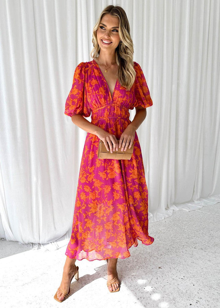 Laila | Dames Bloemenprint V-Hals Maxi Bruiloftsgast Jurk