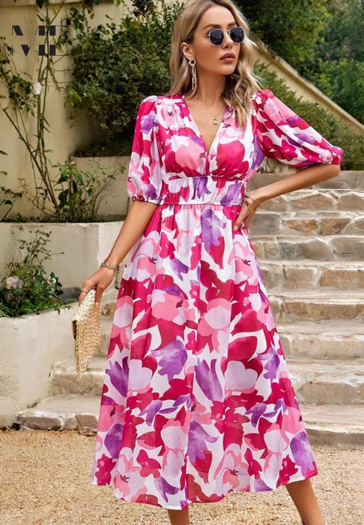 Eliza | Damen Blumenmuster V-Ausschnitt Midi Hochzeitsgastkleid