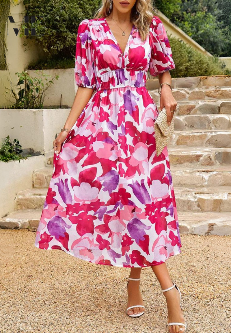 Eliza | Damen Blumenmuster V-Ausschnitt Midi Hochzeitsgastkleid