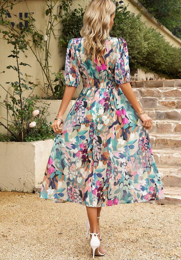 Eliza | Damen Blumenmuster V-Ausschnitt Midi Hochzeitsgastkleid