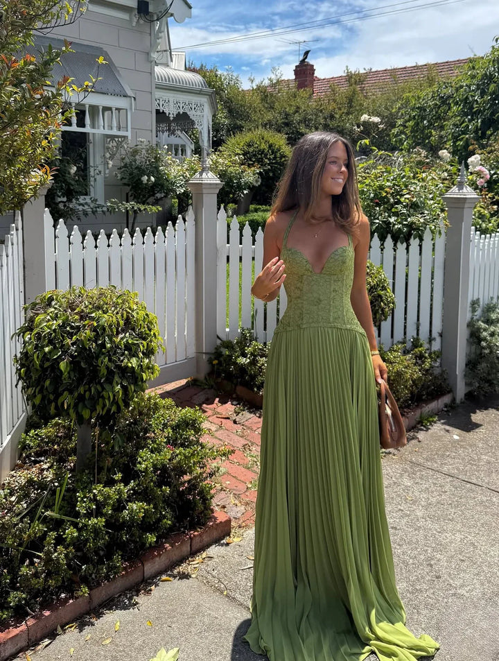 Paige | Dames Halter Geplooide Maxi Bruiloftsgast Jurk