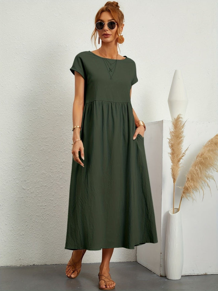 Julia | Damen Kurze Ärmel Lockeres Midi-Taschenkleid