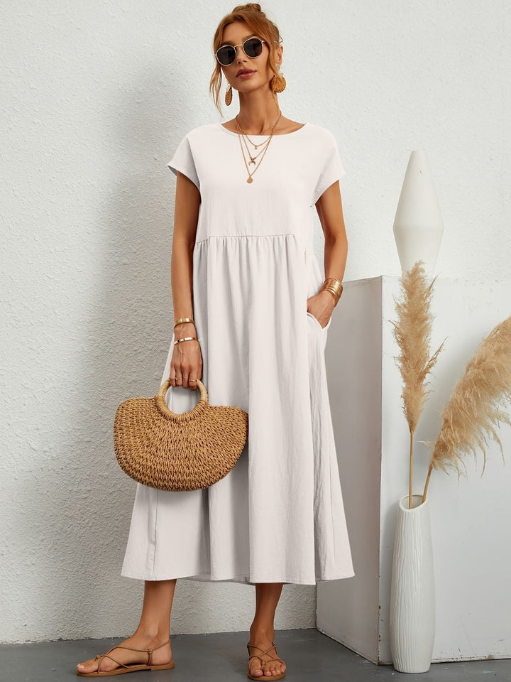 Julia | Damen Kurze Ärmel Lockeres Midi-Taschenkleid